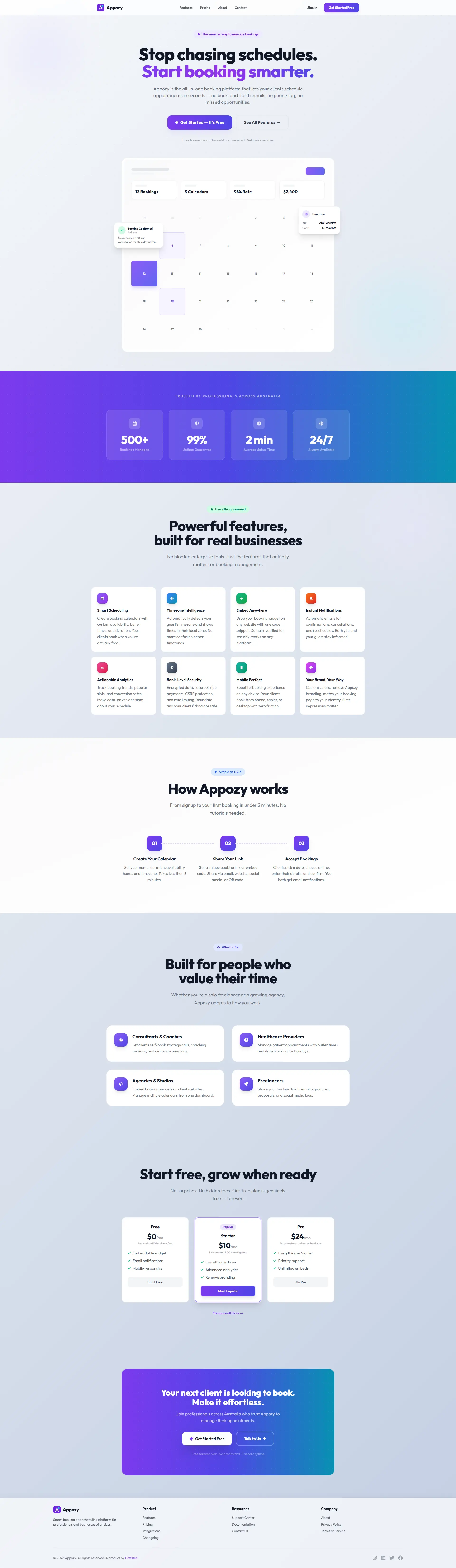 Appozy SaaS booking platform landing page with feature overview and sign-up — built by Hoffstee