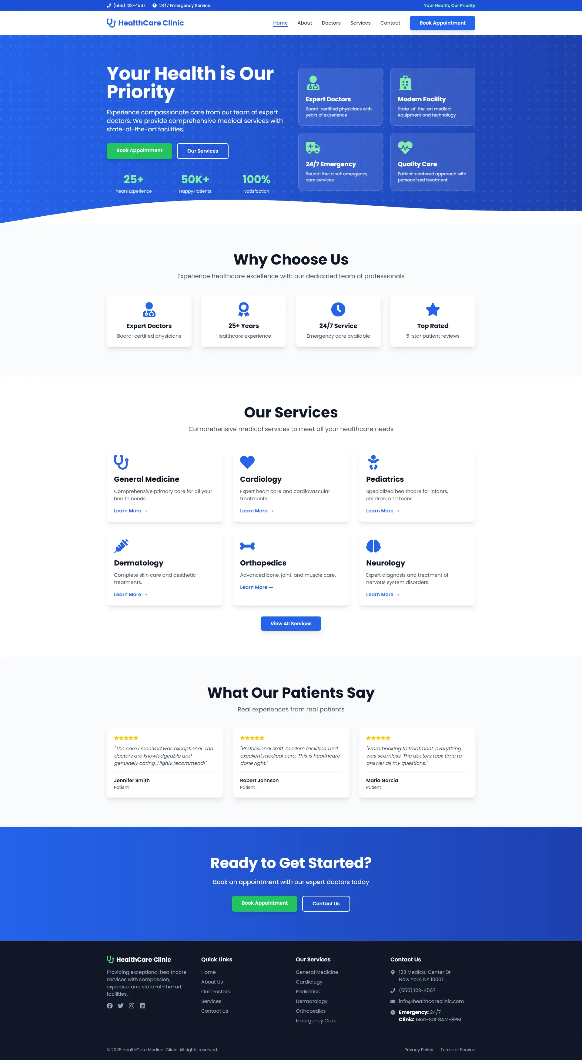 HealthCare Clinic homepage with hero section, services overview, and appointment booking — designed and developed by Hoffstee